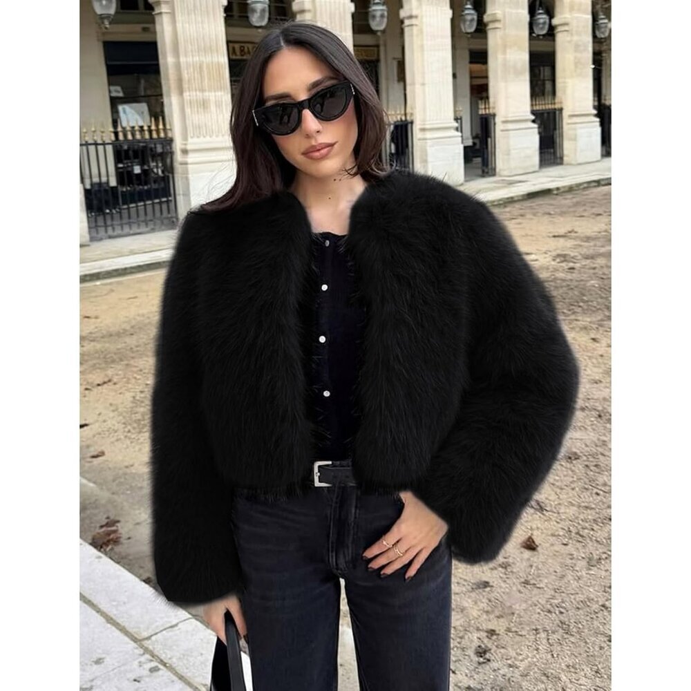 Women's Black Wyeysyt Faux Fur Cropped Coat Fluffy Open Front Warm Winter Jacket - Picture 4 of 8